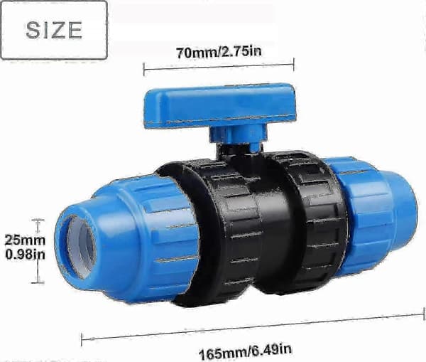 25mm PE-rørklemme for vannrør, plastkuleventil, blå