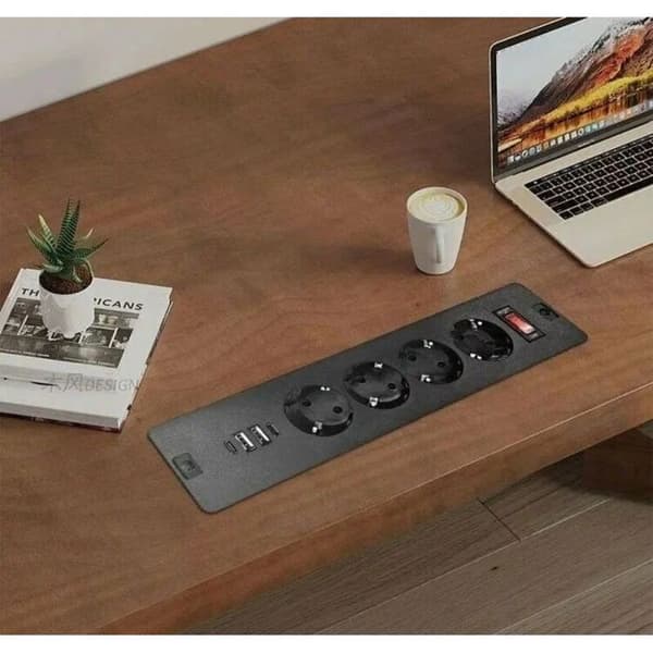 Forsænket stikdåse med integreret stik, USB-C datakabel, 1,7 m kabel og afbryder, til bordplade, -2A-2C-sort.