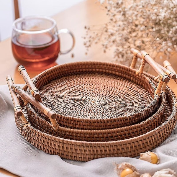 Handvävd förvaringsbricka i rotting med trähandtag Rund flätad korg Bröd Mattallrik Frukttårtfat Brown 22cm