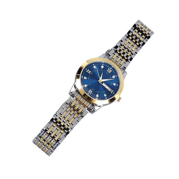 Herrar Kvarts Affärsur med Datum, Luminous Rostfritt Stål Dubbel Kalender Armbandsur, Vattentät Lätt Klocka - Gyllenblå