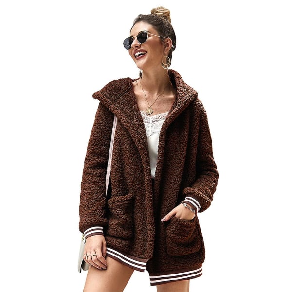 Dameoversize fleece plysjjakke Langermet cardigan Outwear Teddy-jakke Brown S