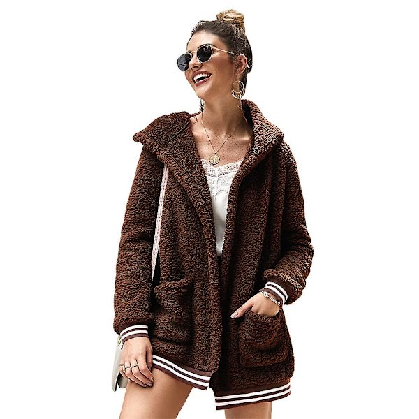 Damoversize fleecejacka plysch långärmad kofta Ytterkläder Teddyjacka Brown L