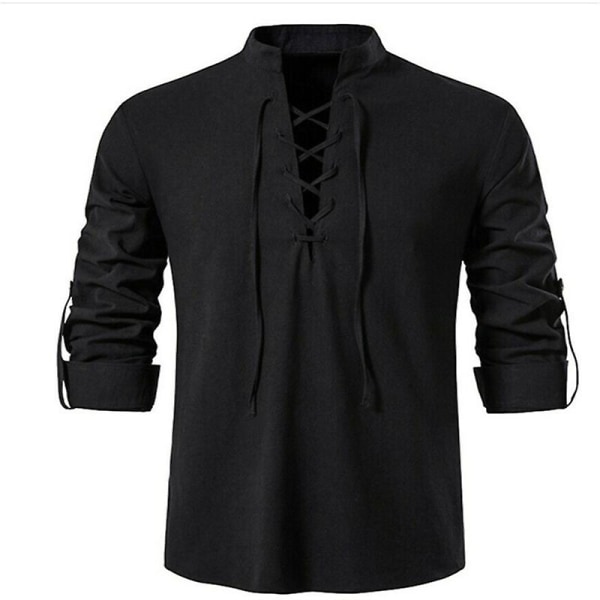 Ny skjorta med v-ringad herr T-shirt Mode vintage tunn långärmad topp för män Casual Andas Viking Front Lace Up Man Skjortor S KHAKI S KHAKI