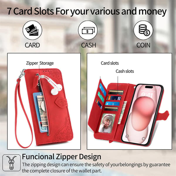 【BQ】iPhone-etui - Flip-læderetui med prægede kortpladser, rød til iPhone 14 Plus Red Red iPhone 14 Plus
