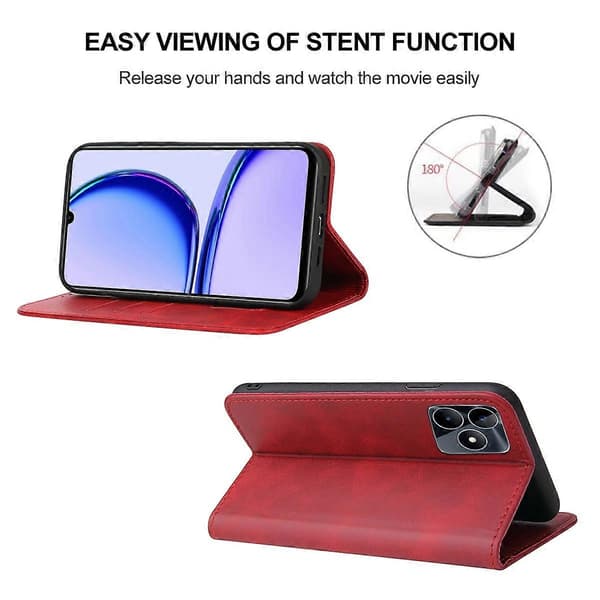【BQ】Magnetic Closure Leather Phone Case Red Red For Realme C53