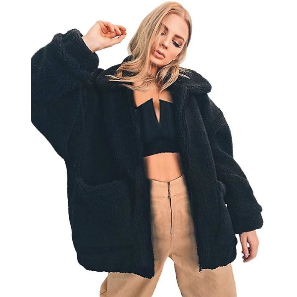 Kvinnors Lapel Långärmad Faux Jacka Vinter Sexig Parka Modejacka Black 3XL