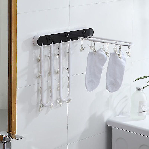 Hopfällbara torkställ för tvättstuga Sockhängare Väggmonterad med 24 klämmor Multifunktionell klädhängare Black