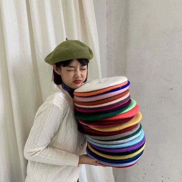 Naiset Villabaretit ranskalainen taiteilijatyyli lämmin talvibarettihattu Retro yksivärinen pipo yksivärinen elegantti nainen kaikki syyslakit ArmyGreen