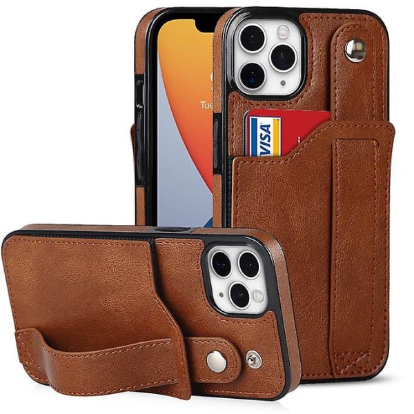 Crazy Horse Texture Stötsäker Tpu + Pu Case med kortplats & handledsremshållare för Iphone 11 Pro Max (brun)