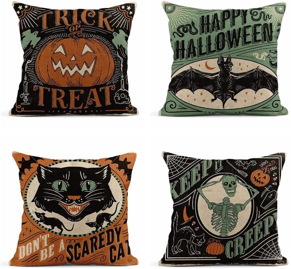 Sæt med 4 hørpudebetræk 18x18 tommer Retro Halloween Scary Cat