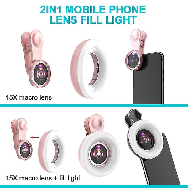 Mobiltelefonfyllningsljus 15x makrolins Bärbar Selfie Led Ring Blixtljus Telefon Selfie Lampa Universal Ring Clip Light pink