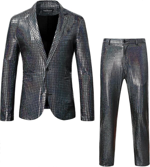 【BQ】Men's Two-Piece Disco Set, Shiny Jacket and Pants, Metallic Sequin Suits S S S