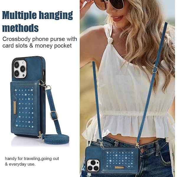 Iphone 13 Crossbody Telefonväska Pu Läder Diamond Bling Plånbok Flip Vikbart bagstykke med kortholdere Lång rem Iphone 13 Silikon Inderskal