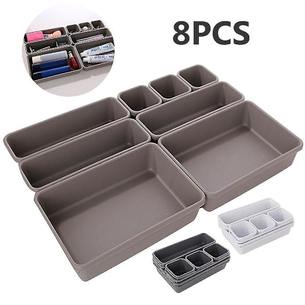 8 stk. Plastskuffebeholdere Skuffe Bestikbeslag Husholdningsbord Diverse skuffeopbevaringsboks Gray