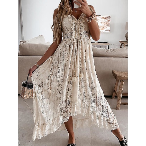 Sommar Boho Långa Klänningar Dam Spets V-ringad Spaghetti Strap Dress Dam Off Shoulder Strand Solklänning Vit Klänning Vestidos De Mujer LXDS18 Beige L