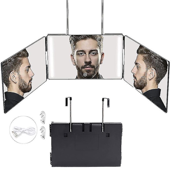 3-suuntainen peili itseleikkaukseen 360 peili led-valoilla, kolminkertainen itseleikkauspeili, ladattava korkeussäädettävällä black with led
