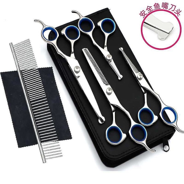 Dog Grooming Scissors Set With Safety Round Tip, Thinning And Straight Pet Grooming Scissors Kit Pink Blue