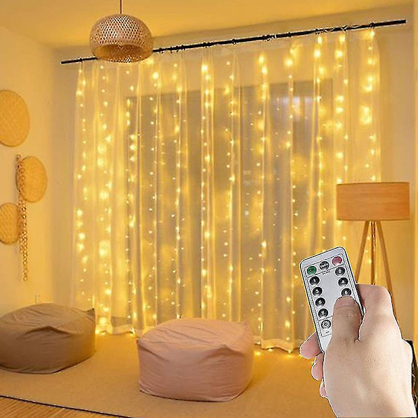 Led fönstergardinljus Strängljus med fjärrkontroll & timer för inomhusfest Hemträdgårdsdekoration med krok 3*3M 300LEDS