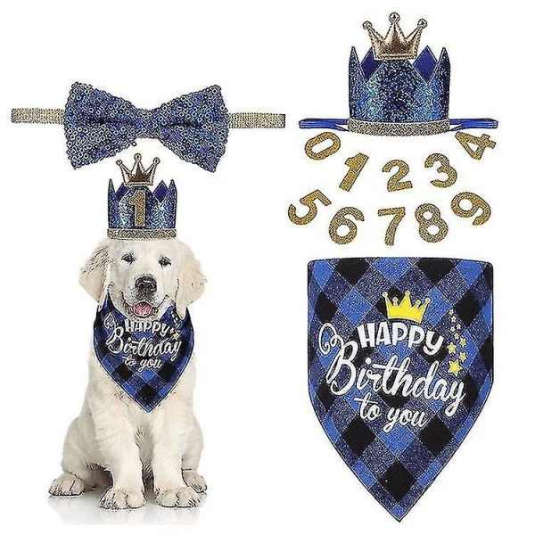 Dog Birthday Party Supplies, Plaid Dog Birthday Bandanas With Dog Birthday Party Hat Bow Tie Birthday Number D