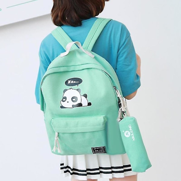 Slitstark 4 delar/ set söta kvinnors flicka Panda Print Shoulder Skolväska Green