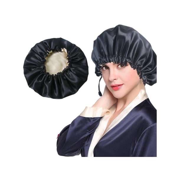 Naisten kaksikerroksinen satiini silkki unihattu Hiustenhoito Sleeping Bonnet Night Cap-Musta