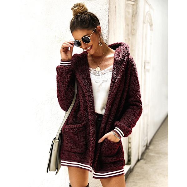 Dame oversize fleece plysjakke Langærmet cardigan Outwear Teddy-jakke Red L