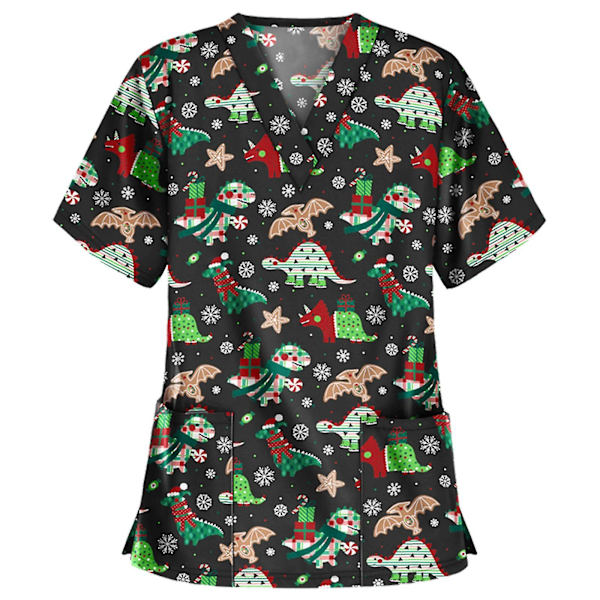 Jul sjuksköterska Uniform Kvinnor V-hals Print T-shirt Casual Kortärmad Pocket Toppar 3 L