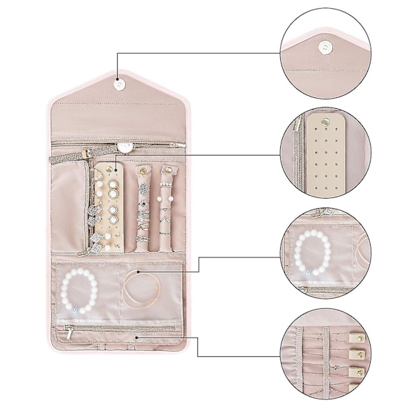 Rejsesmykkearrangørrulle Sammenfoldelig smykkeetui til rejse-ringe, halskæder, armbånd, øreringe Pink