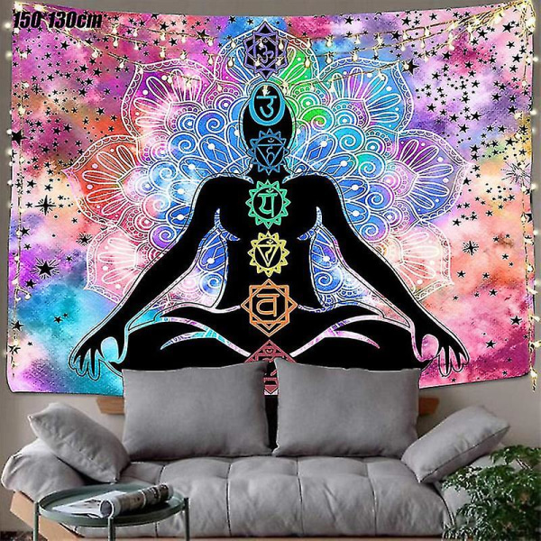 Syv Chakra Yoga Meditation Tapestry Væghængende Boho Sengetæppe Mat Decor 150x130cm