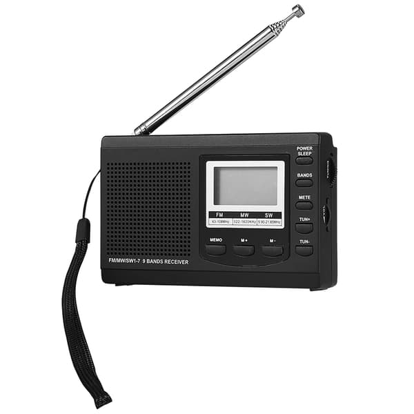Bærbar miniradio med digital vækkeur - sort