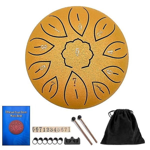 Ståltungetromme 11 tommer 6 tommer Dia Lotus Type Stål Håndpan Trommer Percussion Trommer Instrument Stål Tung Tromle C-nøgle Med Mallets, Bog, Notes Stic gold