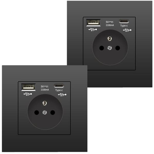 【BQ】2-pack vägguttag med USB och Type-C, eluttag 5V 2.1A, ladduttag för mobil och surfplatta