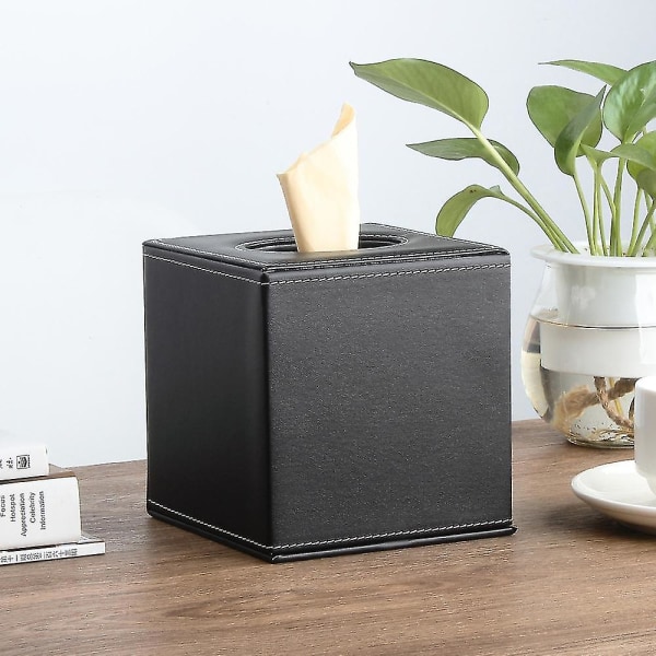 Square Tissue Box Pu Läder Tissue Box Hållare för byrå Badrumsinredning (svart)