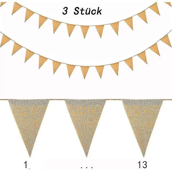 3 kpl lippuviiriketju kangas pellavakangas, hamppuköysi kolmio set 13 * 17cm