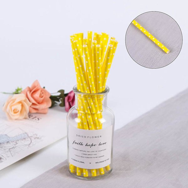 Biologiskt nedbrytbara papperssugrör, 100 sugrör för festtillbehör, födelsedag, bröllop Yellow White Dots