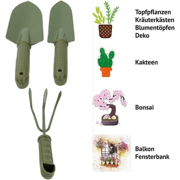 3 puutarhalapiota, istutustyökalu, muovikahva, miniharava