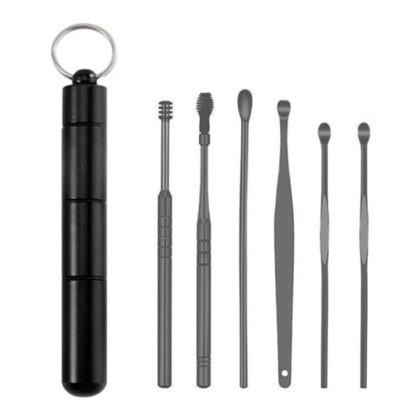 6-i-1 portabelt set i rostfritt stål öronvaxborttagningsverktyg med förvaringslåda Black