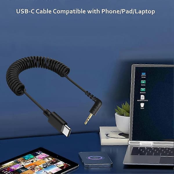 USB C til 3,5 mm mikrofonkabel til Wireless Go II, spiralkabel med retvinklet TRS han AUX-adapter lydkabel Black