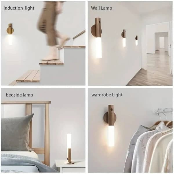 Magnetic Wall Lamp with Motion Sensor and USB Charging. Wall-Mounted Walnut Flashlight with Warm White Light – Suitable for Indoor Use.