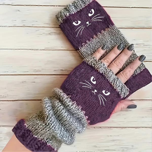【BQ】Kat Splejsning Strikkede Handsker Strikkede Fingerløse Handsker Touch Screen Vinter Varme Patchwork Broderede Handsker cyan