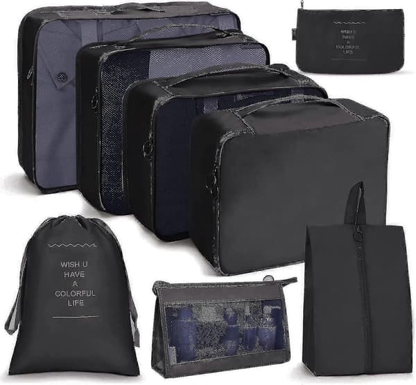 8-delars organiseringset bagage resväska förvaringsväskor packningskuber presenter Black