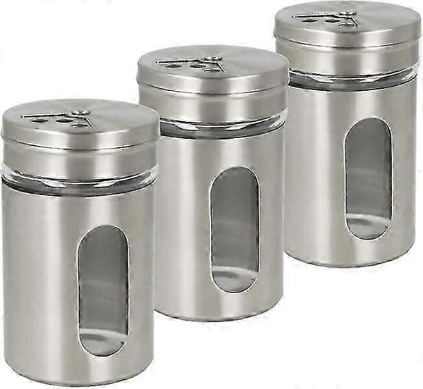 Kryddburk i rostfritt stål, 100 ml med justerbart lock, 3-delars set, glasbehållare