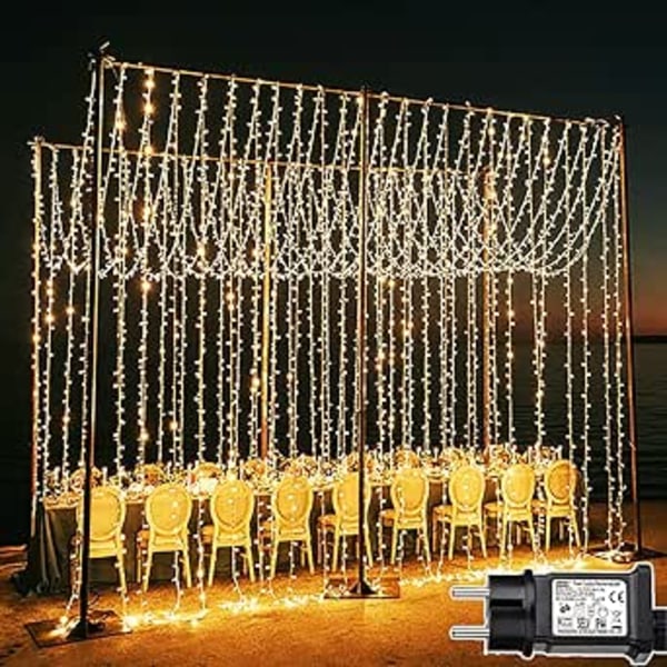 6 m x 3 m 600 LED Fairy Lights Gardin, 8 lägen julbelysning Eldriven Vattentät fönster Fairy Lights (varm vit)