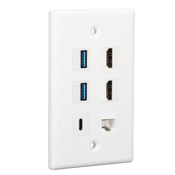 Multimediaväggplatta med 6 portar - 2xHD, 2xUSB3.0, 1xTyp C, 1xCat6 Ethernet