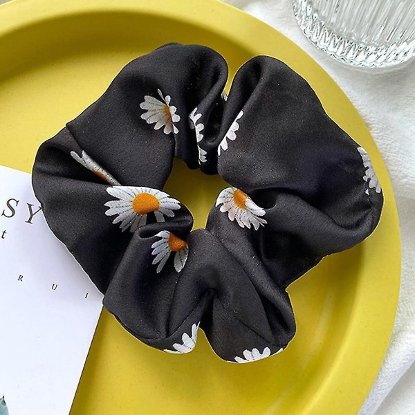 Naisten kukkainen päivänkakkara Scrunchies Hiusnauhat Köysisormus poninhäntäpidike Black