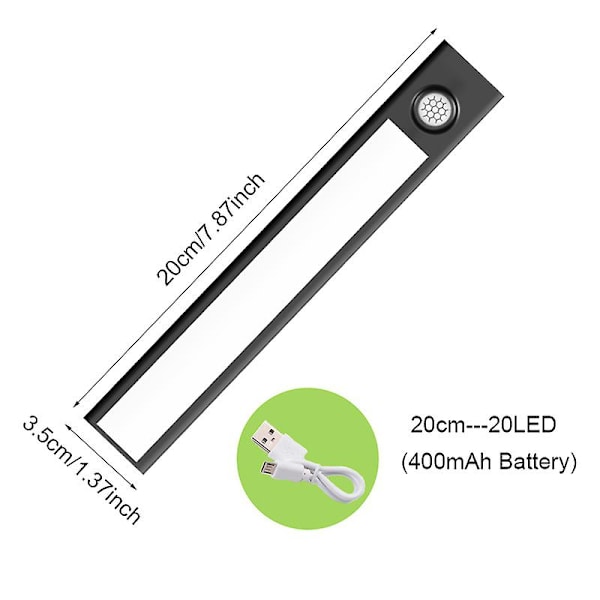 Nattljus Led-ljus Under skåpljus Rörelsesensor Garderobsljusskåp USB Uppladdningsbar köksbelysningslampa Warm White 3000K Black 20cm