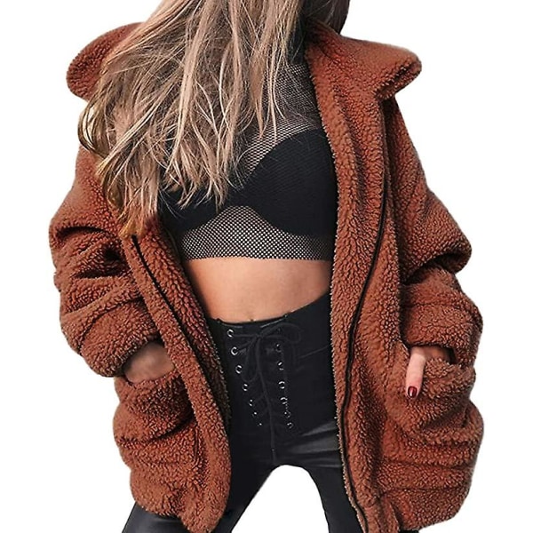 Kvinders revers langærmet imiteret jakke vinter sexet parka modejakke Brown XL