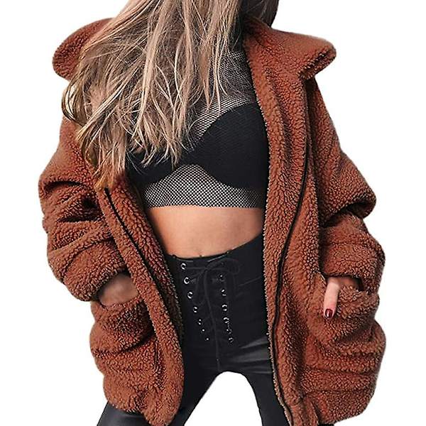 Naisten pitkähihainen tekotakki Sexy Parka Fashion -takki Brown M