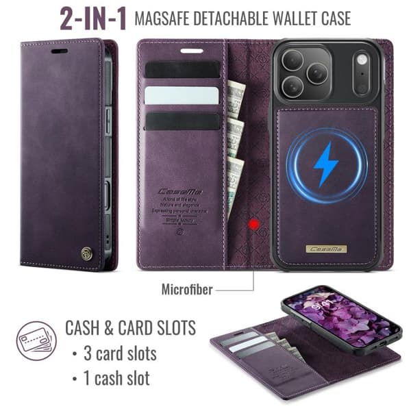 【BQ】iPhone 17 Pro Case leather case with MagSafe and RFID blocking, detachable wallet Purpur