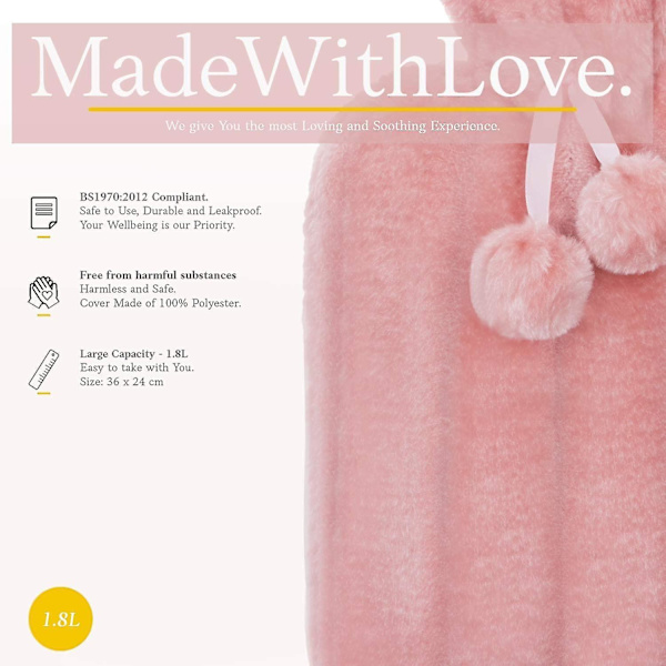Hot Water Bottle With Cover - Soft Premium Fluffy Cover - Large Hot Water Bottle With Cover With Pompons - Hot Water Bottle For Children, Bed Bottle